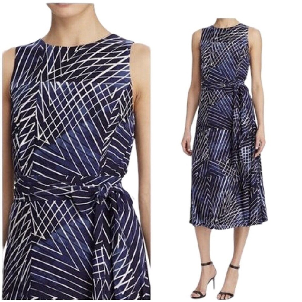 Ralph Lauren Midi Dress Sz 12 Navy Blue Geometric Print Jersey Knit Belted